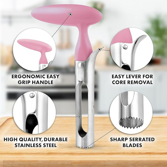 Zulay Kitchen Premium Apple Corer Tool - Ultra Sharp, Stainless Steel, Serrated Blades for Easy Coring - Easy to Use & Clean, Durable Apple Corer Remover for Baking Apples & More - Pink