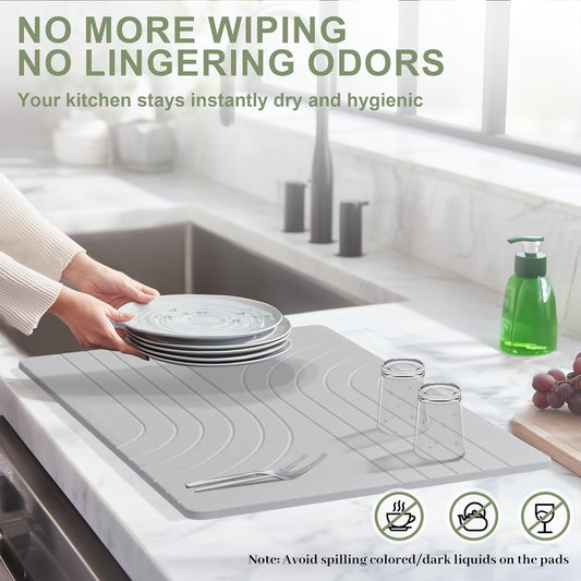 Large Stone Drying Mat for Kitchen Counter, 24" × 16" Diatomite Dish Drying Mat, Quick Dry Stone Mats, Ultra Absorbent Natural Diatomaceous Earth Mats for Dished, Bottles, Light Grey