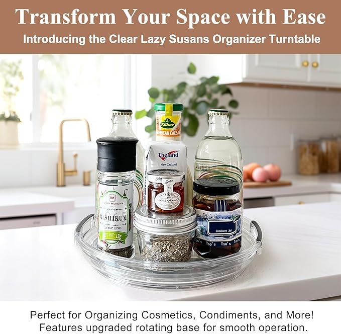 Clear Lazy Susan Organizer Turntable for Cabinet Table Top, 9.25 Inch 4 Pack 360 Rotating Spinning Makeup Organizer for Vanity, Kitchen Storage Rack Heavy-Duty Pantry Spices Tray Countertop Organizer