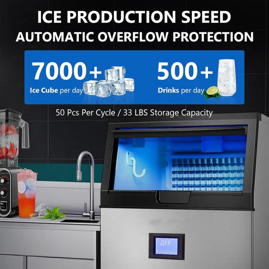Commercial Ice Maker, 100 Lbs/24H Stainless Steel Free Standing Ice Maker with LCD Display, 33 Lbs Ice Storage Bin, Self Cleaning Under Counter Ice Maker for Bar, Restaurant, 2 Ways to Add Water