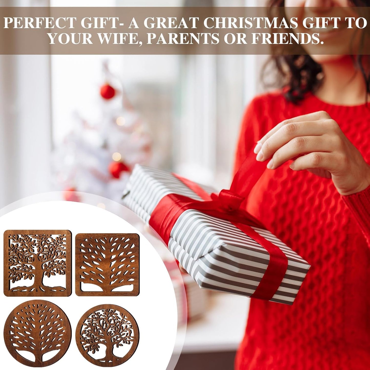 5 Pcs Life Tree Wooden Trivets with Storage Rack Hot Pads Trivets for Hot Dishes Pots and Pans Heat Resistant Mat Set Tea Pot Holders for Kitchen Dining Table(Dark Wood)