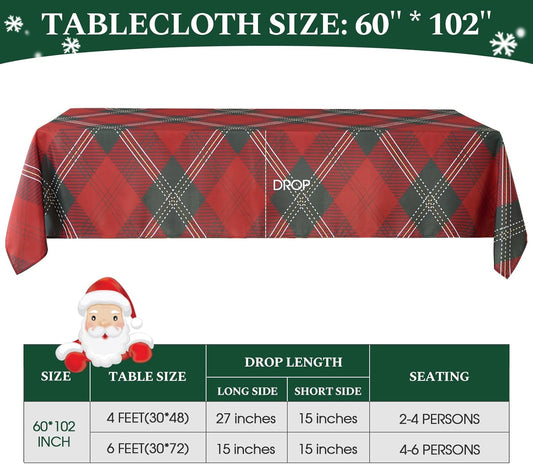 Christmas Tablecloth Rectangular 60x102 Inch Waterproof, Machine Washable Checkered Polyester Table Cover for Xmas Party, Winter Holiday Home Decoration in Festive Checkered Green 1pack