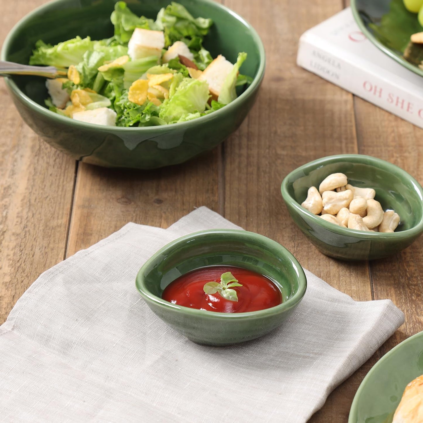 vicrays Ceramic Dipping Sauce Bowls – Small Charcuterie Dip Cups Cooking Prep Condiment Oil Dish Mini Tapas Plates for Soy Sushi Salsas Wasabi Appetizer Dessert - Set of 6 Green