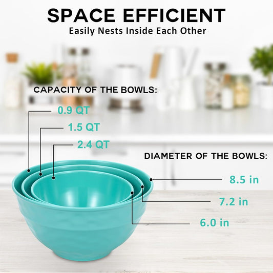TP Mixing Bowl Set with Lids, 6-Piece Melamine Nesting Bowls Set for Pasta Baking Salad Mixing, Set of 3, Glossy Turquoise
