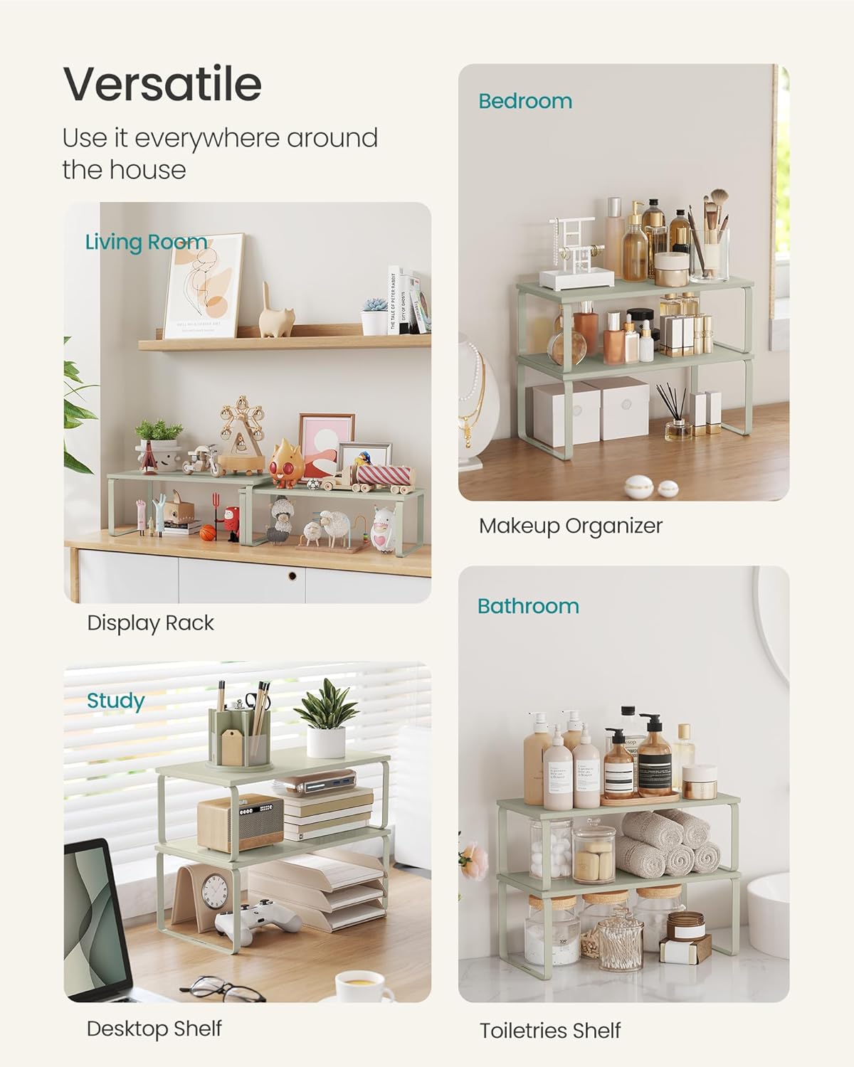 SONGMICS Cabinet Organizer Shelf, Set of 2 Kitchen Counter Shelves, Kitchen Storage, Spice Rack, Stackable, Expandable, Metal and Engineered Wood, Cappuccino Beige UKCS200K01