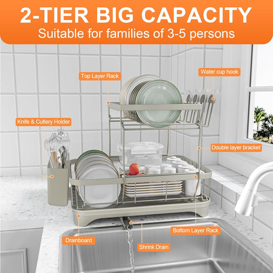 Dish Drying Rack for Kitchen Counter,Two-Tier Dish Rack with Utensil Holder, Auto-Draining Dish Racks, Large Capacity Dish Drainer Organizer for Plates, Bowls, Cups with Drainboard Grey