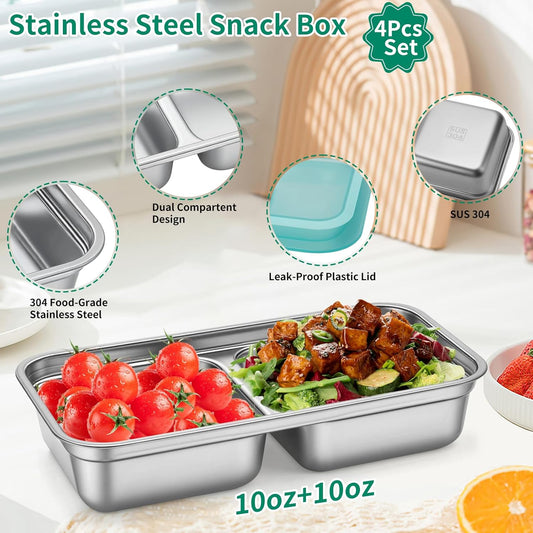 3 Pack Leakproof Stainless Steel Snack Containers with Secure Sealed Lids, Reusable 2 Compartment Bento Boxes for Lunch Prep, Travel, School & Office Stainless Steel Lunch Box