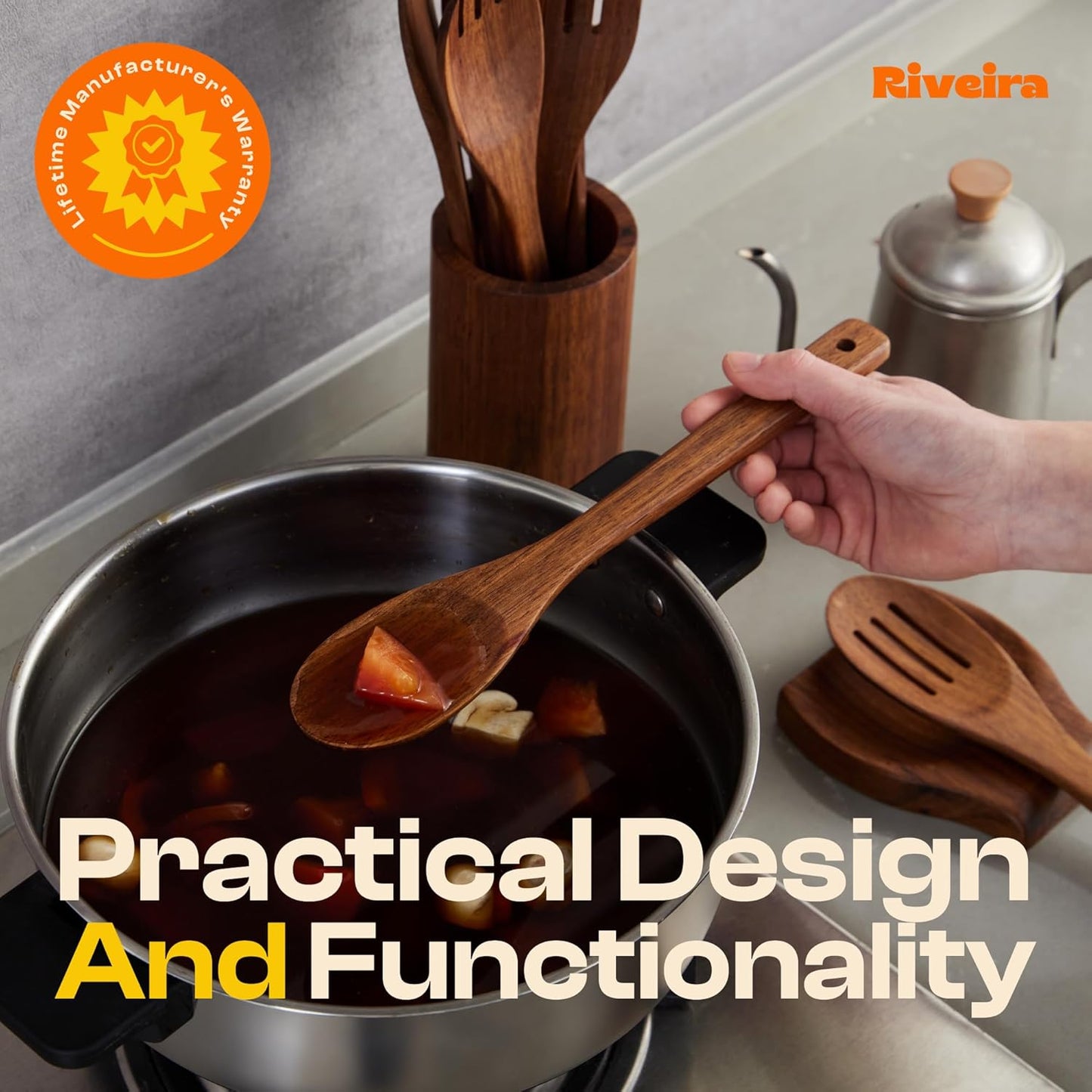 Riveira Teak Wooden Cooking Utensils Set of 3 Natural Teak Wooden Spoons & Spatula, Non-Toxic, Heat-Resistant, Scratch-Free for Non-Stick Cookware