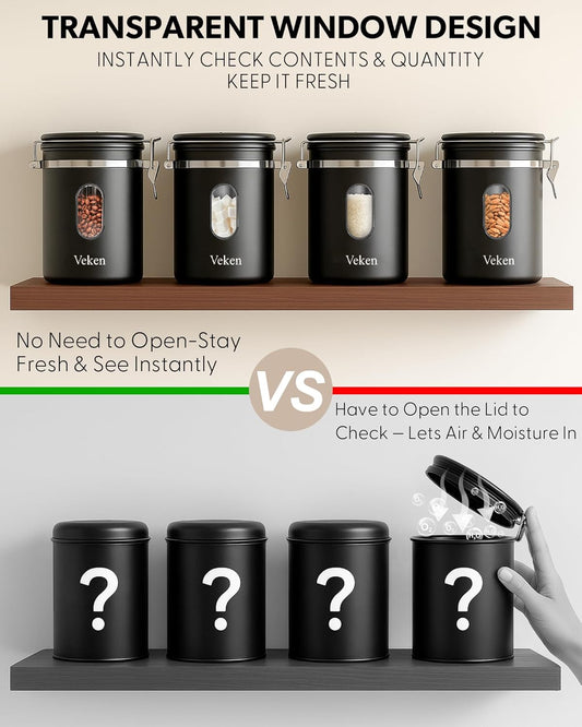 Veken Coffee Canister with Window,Airtight Stainless Steel Container,Home Kitchen Food Storage Organizers for Grounds,Beans,Espresso,Rice,Tea,Sugar,Cereal, Flour,Scoop,Bar Accessories,Gifts,22OZ,Black