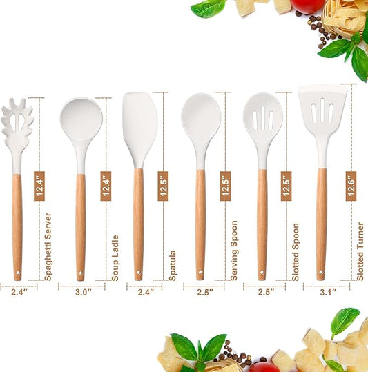 E-far White Cooking Utensils Set of 6, Silicone Kitchen Utensils with Wooden Handle, Non-stick Cookware Friendly & Heat Resistant, Includes Spatula/Ladle/Slotted Turner/Serving Spoon/Spaghetti Server