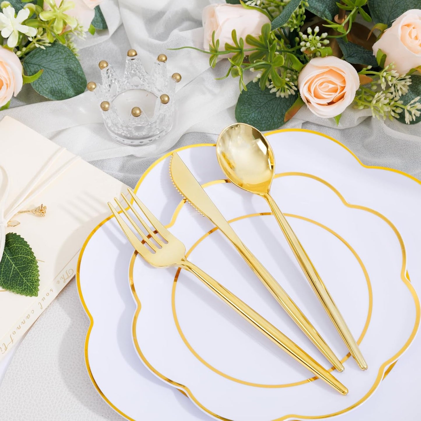 EI 180pcs White Plastic Plates with Gold Plastic Silverware,Heavy-Duty Disposable Plates for Party,White Dinnerware Set for 30 Guest Wedding,Birthday