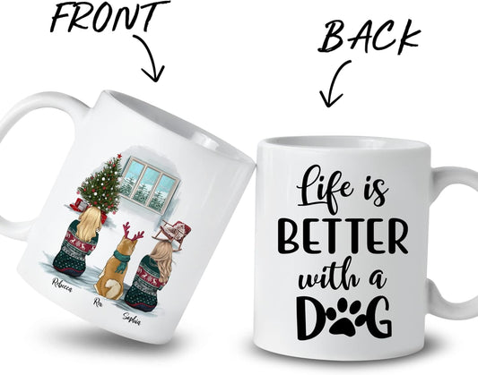 Gossby Personalized Dog Mug - Life is Better with a Dog (2 Girls - Dog) - Customized Christmas Coffee Mug for Dog Moms - Purfect Gifts for Women on Christmas - 11oz, 15oz White, Two-tone Dog Mom Mug