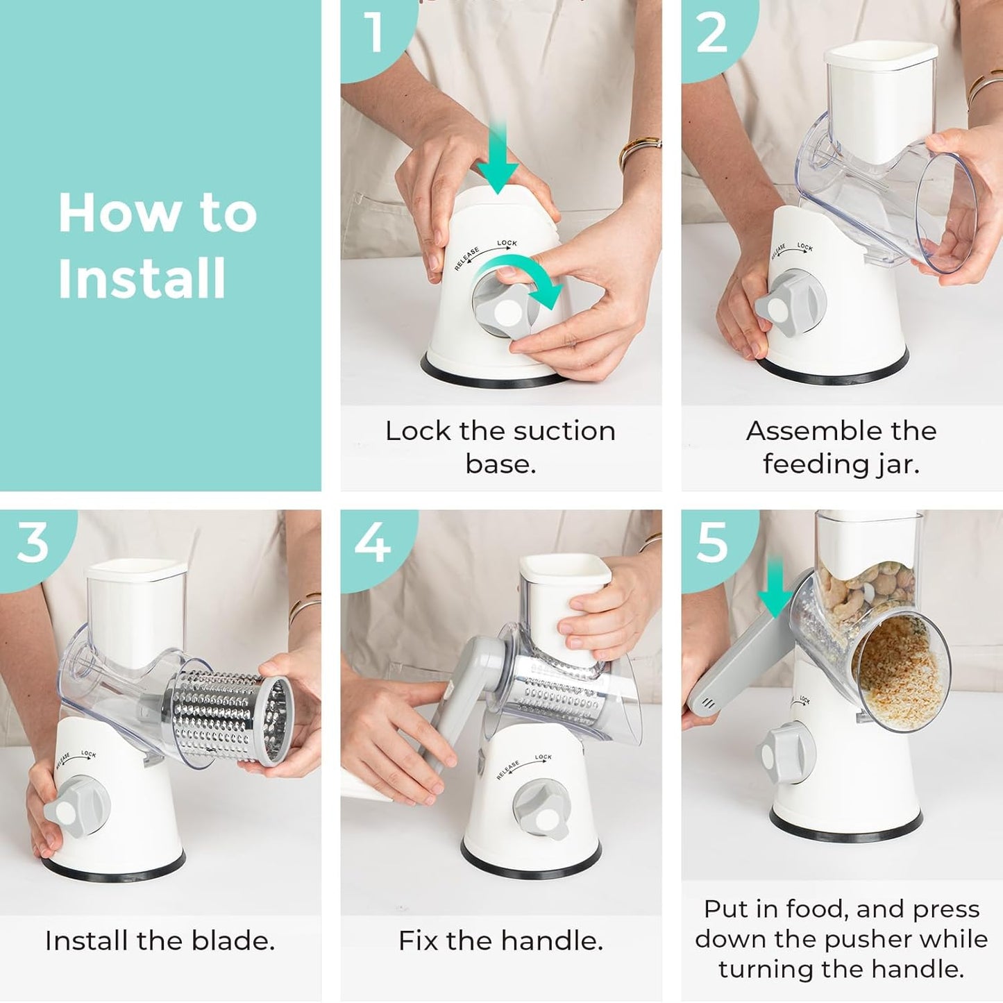 X Home Rotary Cheese Grater for Kitchen, Shredder with 3 Interchangeable Blades, Rotary Grater with Handle and Strong Suction Base, for Vegetables, Fruit, Nuts, Easy to Use and Clean, White