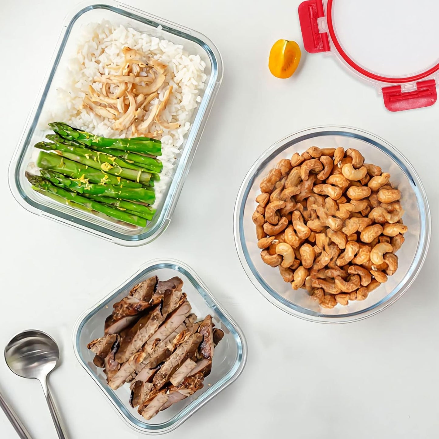 KOMUEE 30 Pieces Glass Food Storage Containers Set, Meal Prep Containers Set with Snap Locking Lids, Airtight Glass Lunch Containers, Microwave, Oven, Freezer & Dishwasher, Red