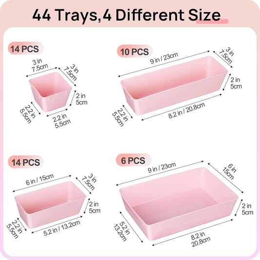 Vtopmart 44 PCS Plastic Drawer Organizers Set, 4-Size Versatile Bathroom and Vanity Organizer Trays, Non-Slip Storage Containers for Makeup, Jewelries, Bedroom,Kitchen Utensils and Office, Pink