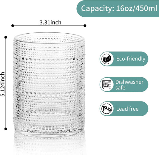 Hobnail Drinking Glasses Set,16 Oz Vintage Embossed Glass Tumbler for Cocktail, Beer, Juice, Water, Whiskey and Kitchen Glassware,2pack