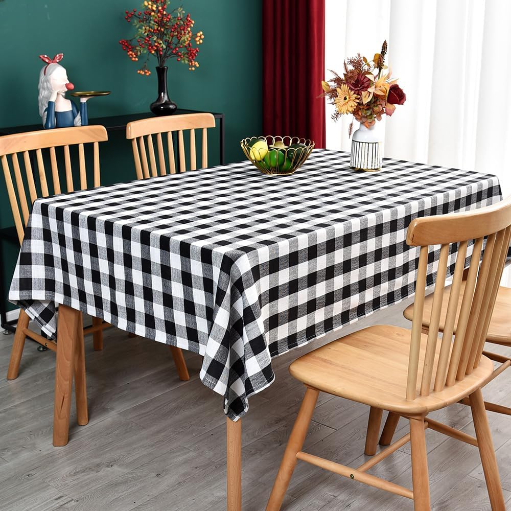 Gingham Tablecloth Rectangle Table Cloth Heavy Duty Cotton Checkered Table Cover for Spring Picnic Kitchen Dining(C-Black, 52x120 inch)