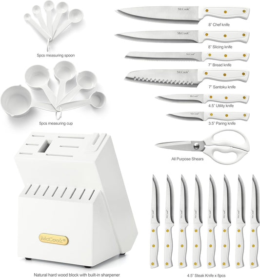 McCook® Knife Sets, White High Carbon Stainless Steel Kitchen Knife Sets with with Built-in Sharpener