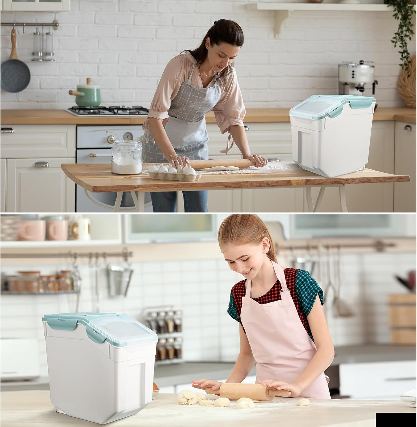 Sunnyray 4 Pcs 55 lbs Grain Rice Storage Container Blue Flour Bin with Wheels Cup Leak Proof Pet Food Storage Boxes Seal Locking Lid Plastic Rice Containers Set for Cereal Flour Cat Dog Food Kitchen