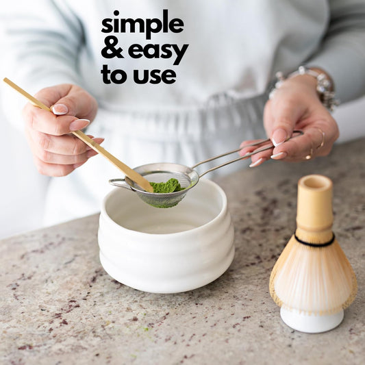 Matcha Whisk Set- Matcha Set includes Matcha Bowl, Sifter, Holder and Scoop- The Perfect Bamboo Whisk for Matcha Tea (White)