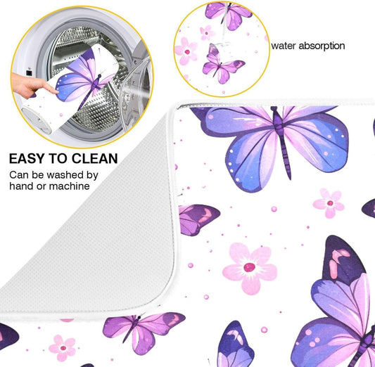 Pink Purple Butterfly Flower Dish Drying Mat for Kitchen Counter Absorbent Dish Drainer Mats Drying Pads 16"x18"