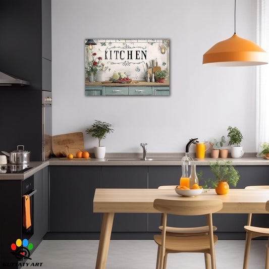 GUTTATY Kitchen Pictures Wall Decor, Farmhouse Wall Art Decor Flowers And Kitchen Utensils Painting for Dinning Room Restaurant Decor, Mother's Day Gift for Grandma Mom Hanging Artwork 24×36 Inch