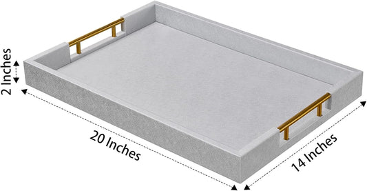 14x20 Inches Silver Faux Leather Wrapped Wood Serving Tray with Metal Handles for Various Occasions, Ottoman, Home Decor Decorative, Living Room, Coffee Table Organizer, Serving Breakfast On Bed