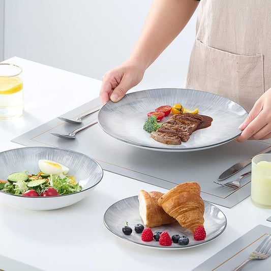 Bestone Porcelain Dinnerware Sets Service for 4, 12 pcs Hand drawn Plates and Bowls Sets, Handmade Ceramic Dish Set, Chip Resistant Modern Plate Set, Dishwasher/Microwave Safe,Gray