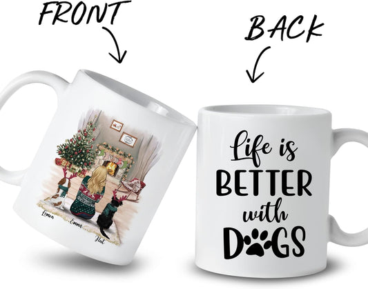 Gossby Personalized Dog Mug - Life is Better with Dogs (Girl - 2 Dogs) - 11oz, 15oz White, Two-tone Customized Christmas Coffee Mugs for Women - Personalized Gifts for Dog Mom on Christmas