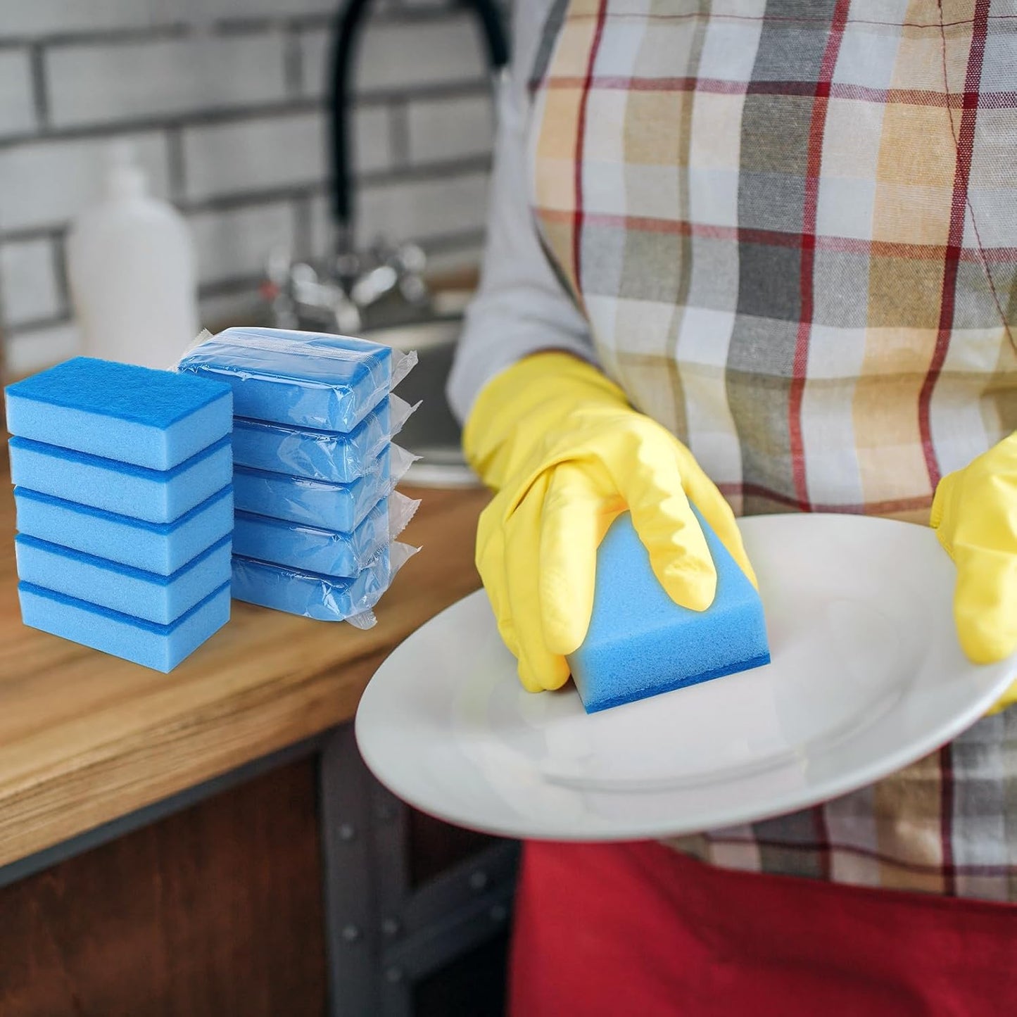 50 Pcs Individually Wrapped Sponges, Uncompressed Non Scratch Scrouing Sponges for Household Cleaning Dishes Kitchen Airbnb Apartment Car Bike Blue