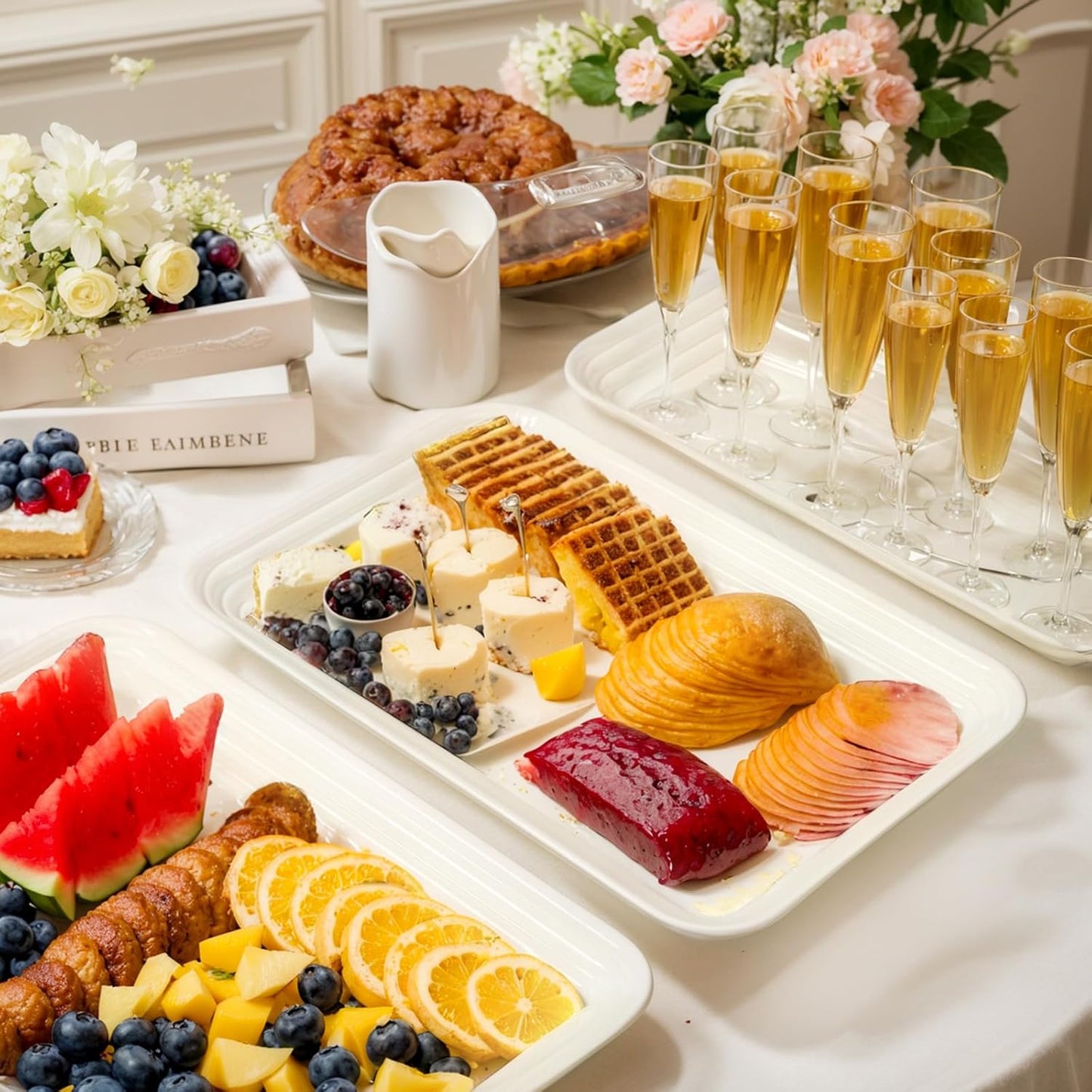 SUT 4-Pack Ivory Serving Trays for Entertaining, 16" x 11" Serving Platters for Snacks, Fruit, Cookies, Dessert, Reusable Plastic Trays for Serving Food and Party Organization in Kitchen &for Parties