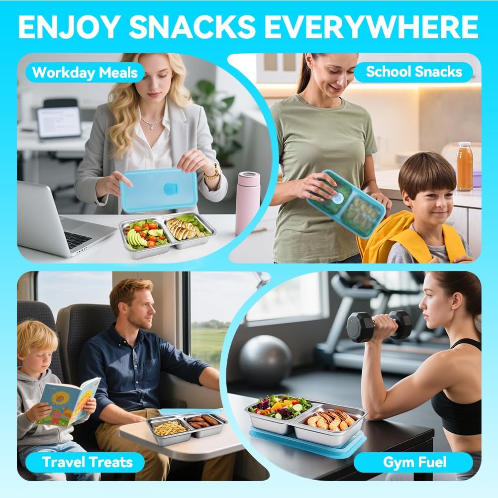 2 Pack Stainless Steel Snack Containers, Reusable Grab and Go Snack Containers with Lids, Double Compartment Food Storage Containers for Travel, Outdoor Camping