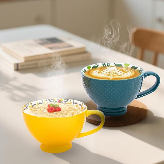 Topadorn Ceramic Coffee Mugs with Handle Set of 2, Hand-Painted Floral Pattern Ceramic Soup Mugs for Salad, Cappuccino, Cereal, Milk, Latte, Tea, Cocoa, Breakfast Oatmeal Cups(Green & Yellow)