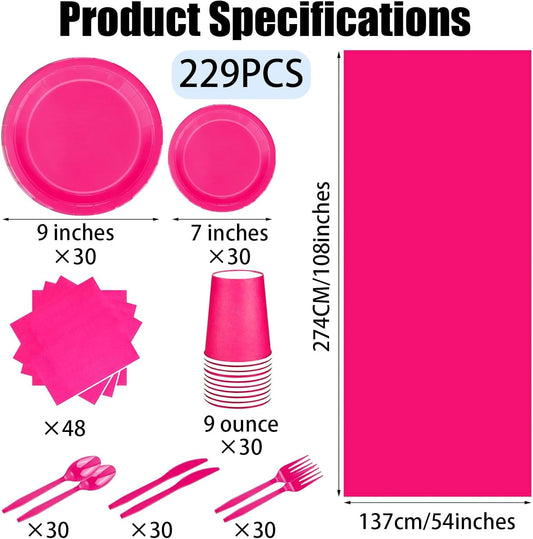 TWOWYHI 229PCS Hot Pink Party Supplies Set - Paper Disposable Plates Cups Plastic Spoons Forks Knives Napkins Serve 30 Guests