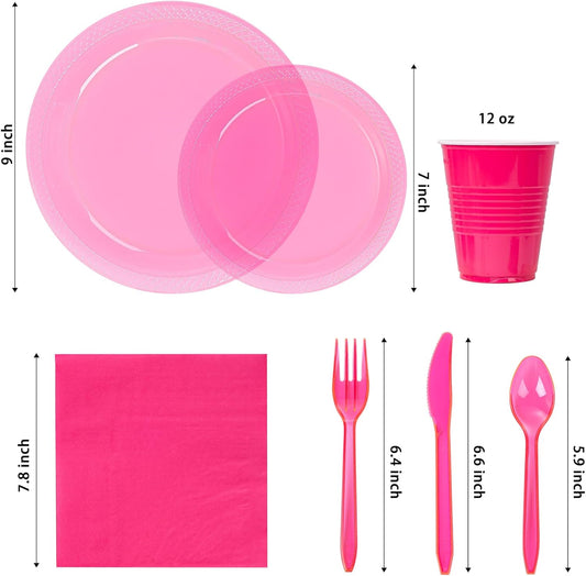 WELLIFE 210Pcs Hot Pink Plates,Clear Hot Pink Plastic Dinnerware Set,Party Supplies Including Clear Plates, 12OZ Cups, Plastic Cutlery and Paper Napkins Serve 30 Guests, Disposable Plates for Party