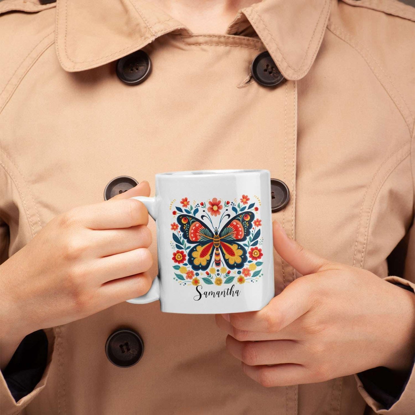 Cute Animals Customized Butterfly And Flowers Travel Cups, Custom Butterfly And Floral Mug Presents For Animal Lovers, Personalized Name On Birthday Animal Tea Cup Gift For Kids