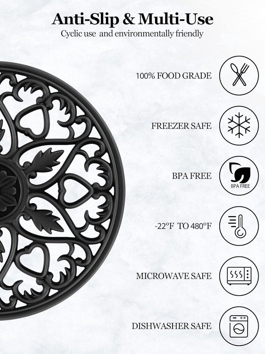 SMARTAKE 6 Set Silicone Trivet Mats, Multi-Use Intricately Carved Coasters, Insulated Non-Slip Durable Kitchen Mats, Flexible Modern Kitchen Table Mat, for Hot Dishes, Pots, Countertop (Black)