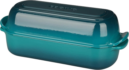 Enameled Cast Iron Loaf Pan with Lid, Dutch Oven Bread pan for Homemade Sourdough Bread Baking, 12.5x5.5 inch, 5qt, Darkcyan