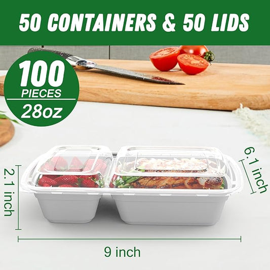 50 Pack (100-Piece) 28 oz Meal Prep Containers Reusable with Lids 2-Compartment, Sturdy Leakproof Food Safe, Microwave Freezer Dishwasher Safe, To Go Take Out Plastic Food Storage, Silver