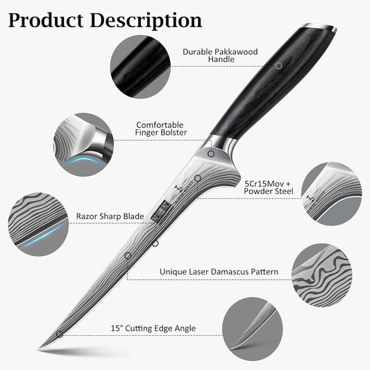 HOSHANHO Fillet Knife 7 Inch, Razor Sharp Boning Knife for Meat Poultry Chicken Cutting, Japanese High Carbon Powder Steel Fish Knives with Flexible Blade and Pakkawood Handle