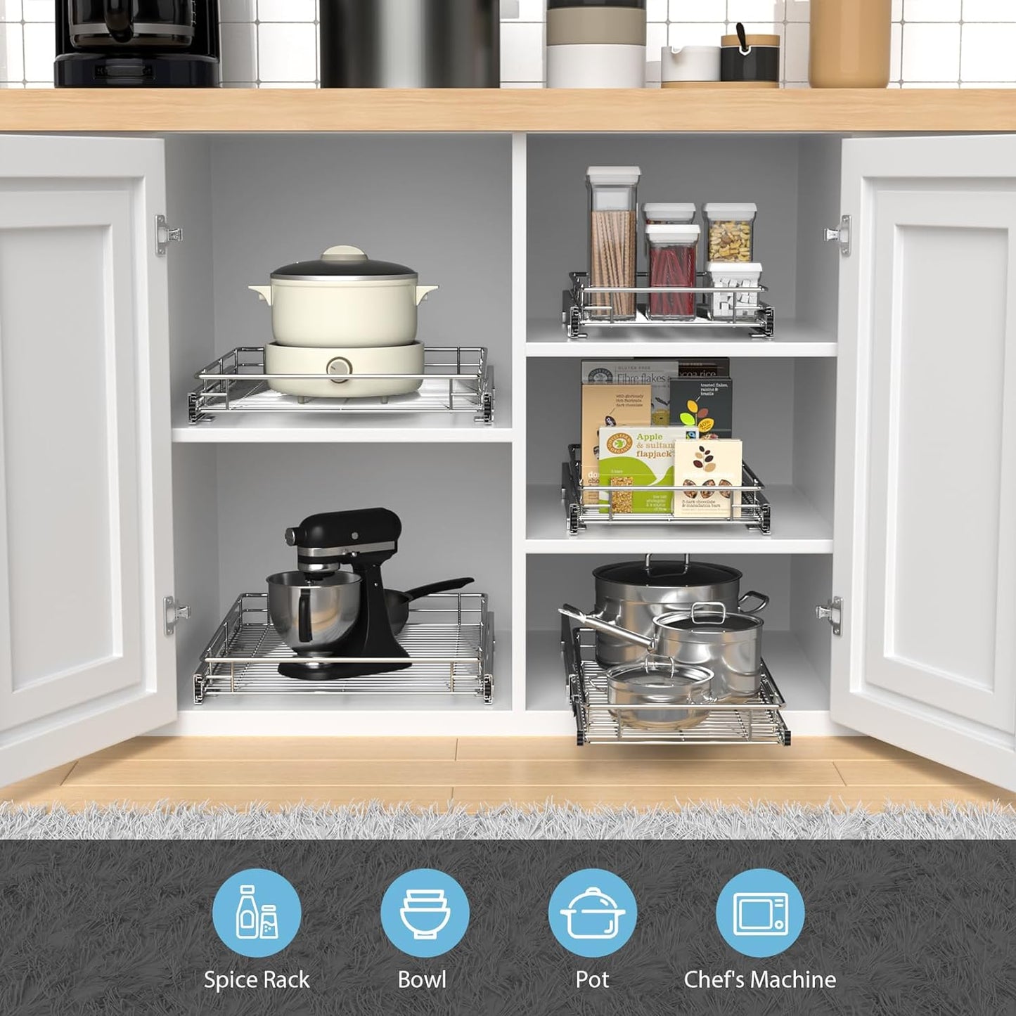 ZOINLIY Pull Out Cabinet Organizer, Versatile Slide Out Kitchen Organizers and Storage,Heavy Duty Drawer Cupboard Storage Basket, Smooth Sliding, Chrome Finish (24.8 * 21inch)