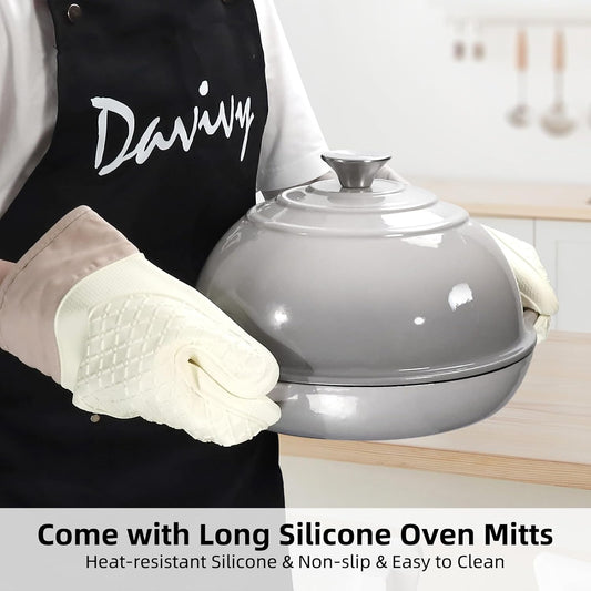 Davivy 5.5QT Enameled Cast Iron Dutch Oven, 10" Round Bread Dutch Oven, Sourdough Bread Baking Pan, Enameled Cast Iron Bread Oven, with Silicone Oven Mitts - Light Grey