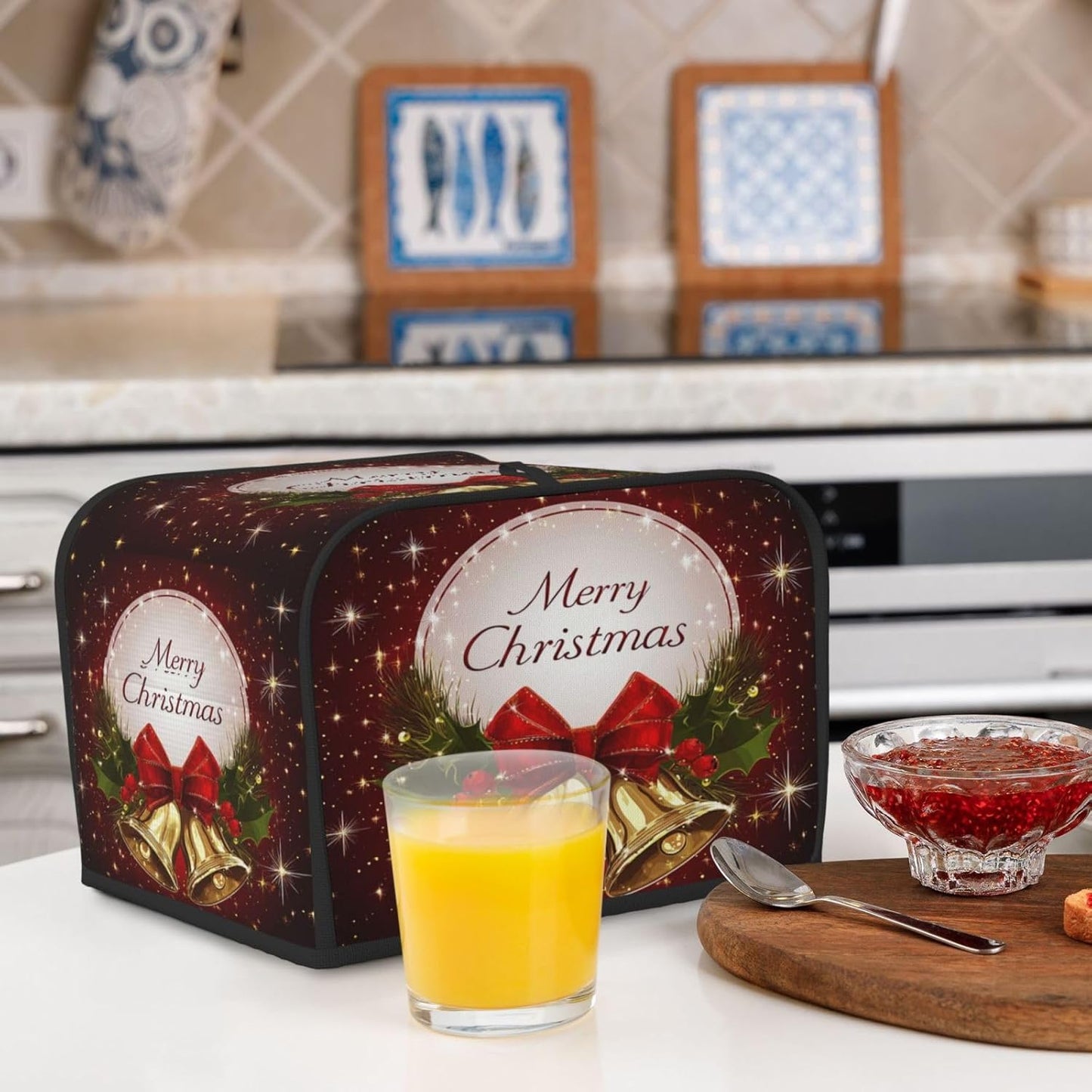 Toaster Cover 4 Slice Christmas Bell Red Xmas Kitchen Small Appliance Covers with Pockets Dust and Fingerprint Protection