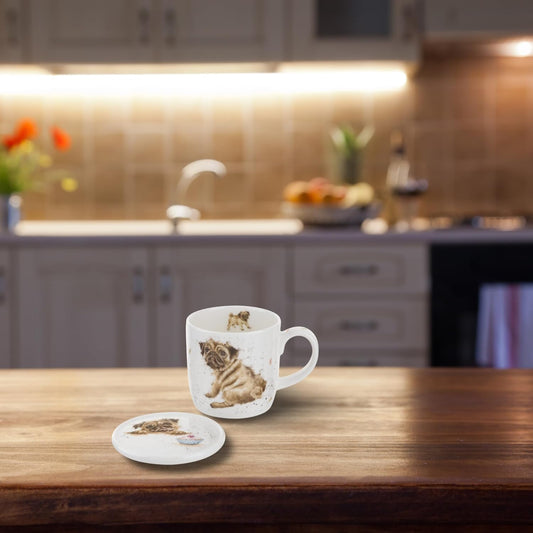 Royal Worcester Wrendale Designs 11 Oz Mug & Coaster Set, Pug Love - Fine Bone China Coffee Mug with Adorable Dog Motif, Dishwasher & Microwave Safe - Festive Gift for Animal Lovers