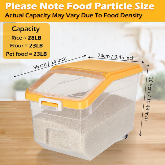 Sunnyray 4 Pcs Rice Storage Container 28 lb Airtight Flour Container with Wheels Measuring Cup Clear Pet Dog Birds Cat Food Bin Grain Cereal Organizer Box for Dry Baking Supplies(Yellow Lid)