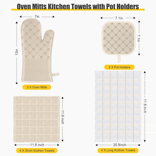 Oven Mitts Kitchen Towels Dishcloths with Pot Holders Sets 12PCS, Dish Towels Sets, Oven Gloves Pot Pads Heat Resistant 500 Degrees with Non-Slip Silicone Surface for Cooking Baking Grilling-Milkshake