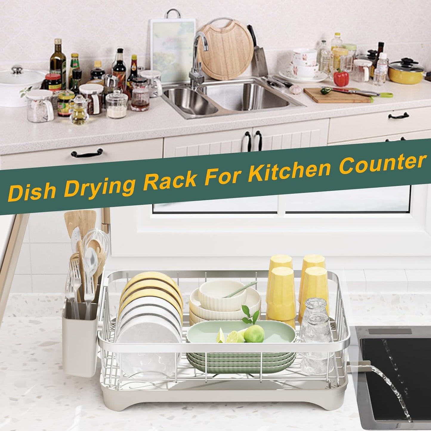 LIYI Dish Drainer,Large Capacity Storage,with Drain Outlet,304 Stainless Steel,Utensil Drain Rack, Multifunctional Kitchen Organizer,White