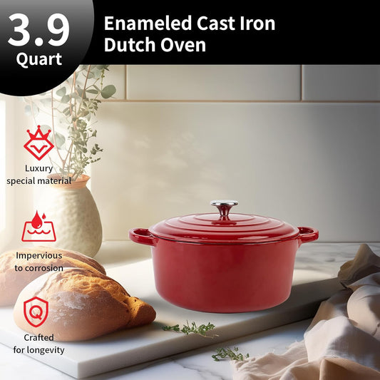 Enameled Cast Iron Dutch Oven Pot with Lid, 3.9 Quart Dutch Oven for Bread Baking, Oven Safe up to 500° F, Suitable for Bread Baking, Braising, Roasting, Stews, Red