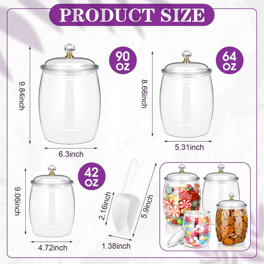 Nuogo 4 Pcs Plastic Candy and Cookie Jars with Lids Clear Cookie Container Candy Jars Large Airtight Apothecary Storage Organization for Wedding Home Kitchen Bar(42/64/90 oz)