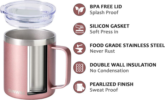 SUNWILL Travel Coffee Mug with Lid, Insulated Tumbler with Handle, 14 oz Stainless Steel Cup for Ice, Water, Tea, Rose Gold